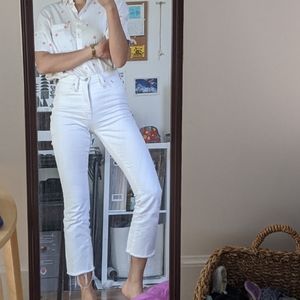Madewell Cali Demi Boot white jeans raw hem